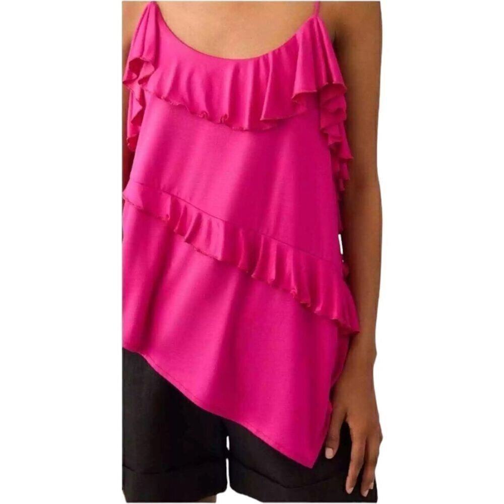 Anthropologie Rasberry Pink Asymmetrical Ruffle Cami Tank Top